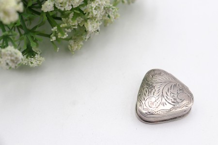 Caixa de comprimidos triangular de prata com gravados vegetalistas